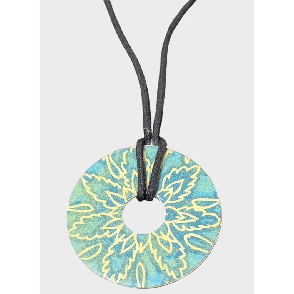 Vintage Pendant Necklace Teal Yellow Lucite 2 Inch Round Fabric Cord 16 In Y2K